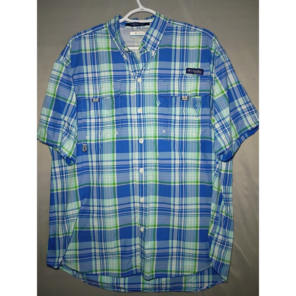 Columbia PFG Super Bahama Fishing Button Down Shirt Mens M Blue Green Plaid S/S